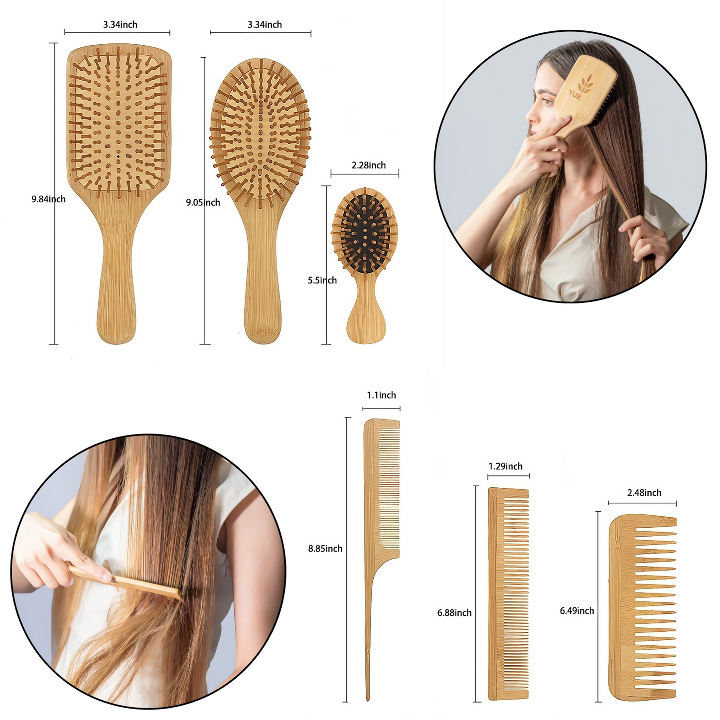 6-Piece Bamboo Hair Brush Set - Eco-Friendly Wooden Hairbrushes and Combs for Men, Women, and Kids - Includes Paddle Brush, Oval Brush, Tail Comb, and Wide-Tooth Comb