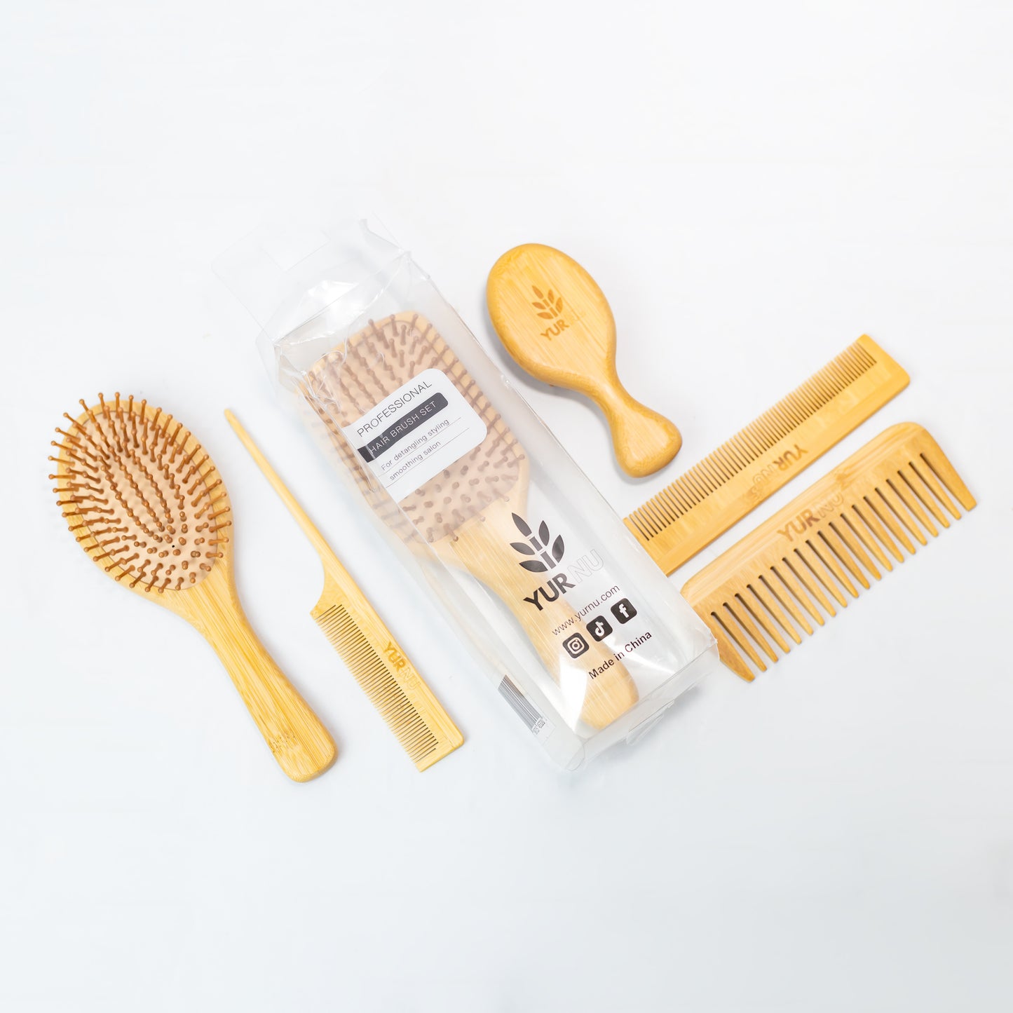 6-Piece Bamboo Hair Brush Set - Eco-Friendly Wooden Hairbrushes and Combs for Men, Women, and Kids - Includes Paddle Brush, Oval Brush, Tail Comb, and Wide-Tooth Comb