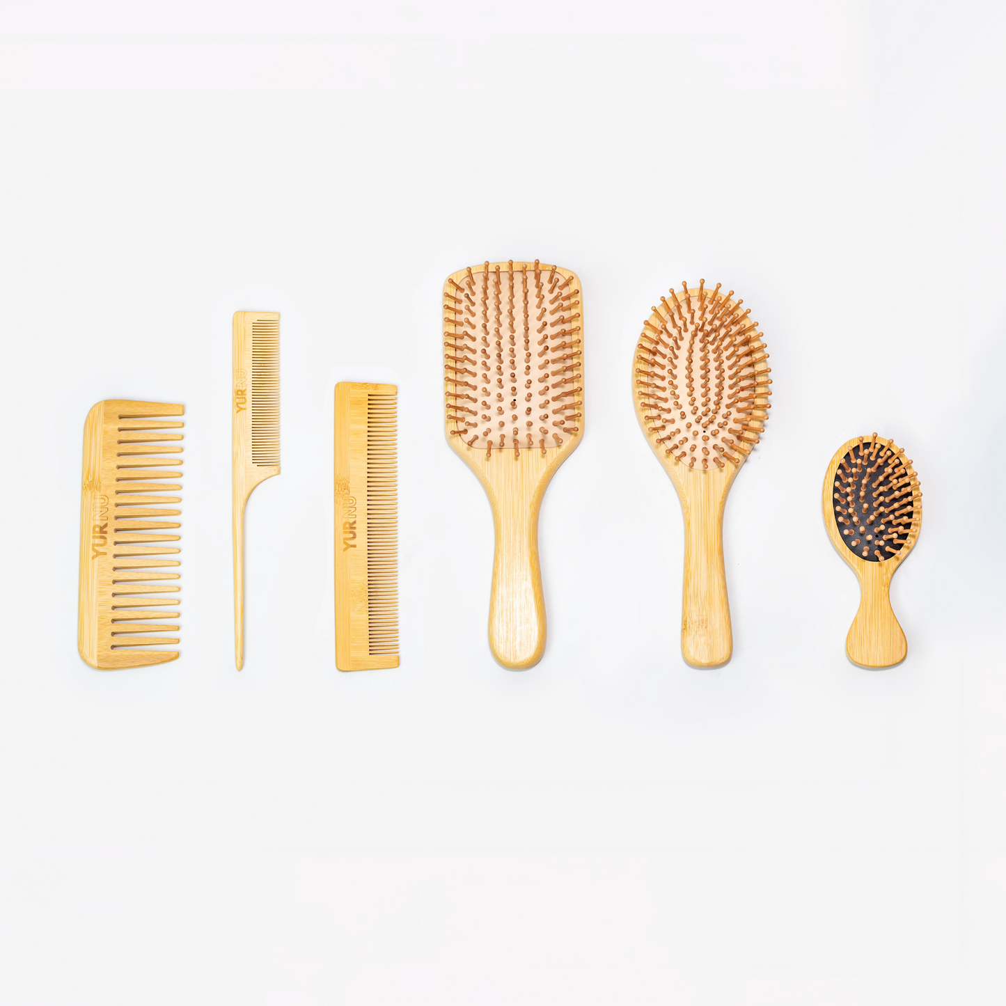 6-Piece Bamboo Hair Brush Set - Eco-Friendly Wooden Hairbrushes and Combs for Men, Women, and Kids - Includes Paddle Brush, Oval Brush, Tail Comb, and Wide-Tooth Comb