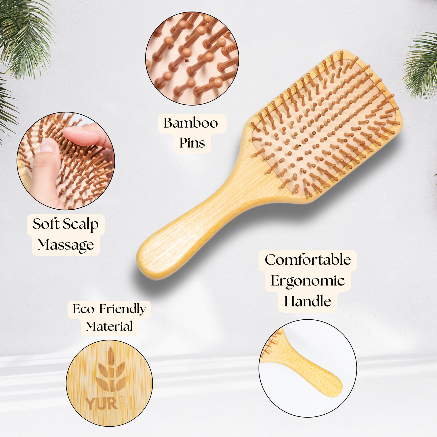 6-Piece Bamboo Hair Brush Set - Eco-Friendly Wooden Hairbrushes and Combs for Men, Women, and Kids - Includes Paddle Brush, Oval Brush, Tail Comb, and Wide-Tooth Comb